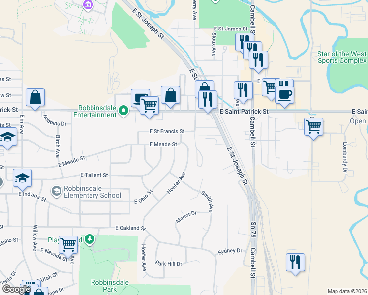map of restaurants, bars, coffee shops, grocery stores, and more near 1122 East Meade Street in Rapid City