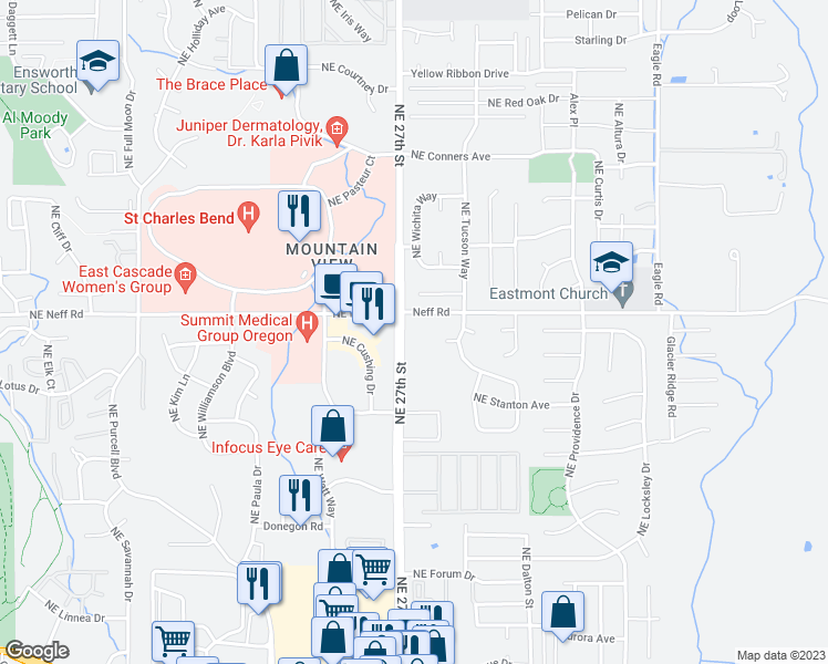 map of restaurants, bars, coffee shops, grocery stores, and more near 1550 Northeast 27th Street in Bend