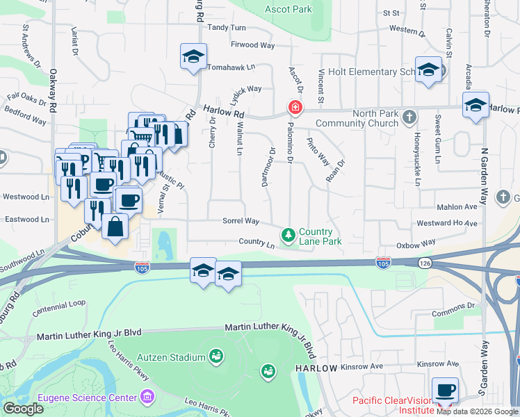 map of restaurants, bars, coffee shops, grocery stores, and more near 250 Regal Court in Eugene