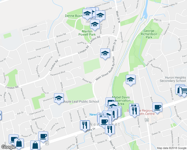 map of restaurants, bars, coffee shops, grocery stores, and more near 178 Main Street North in Newmarket