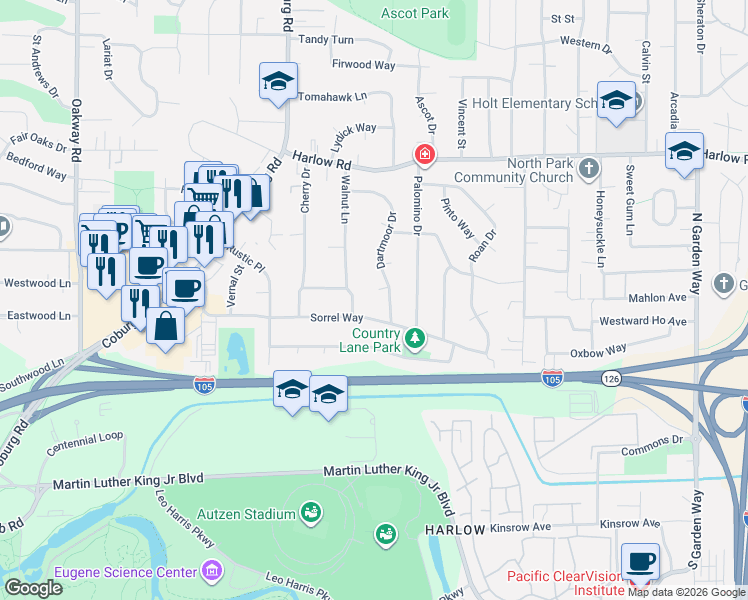map of restaurants, bars, coffee shops, grocery stores, and more near 250 Regal Court in Eugene