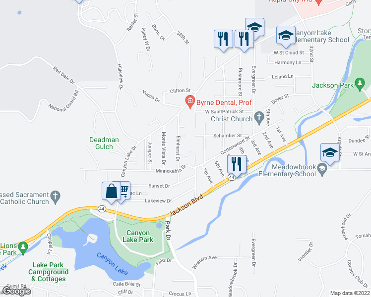map of restaurants, bars, coffee shops, grocery stores, and more near 2020 Elmhurst Drive in Rapid City