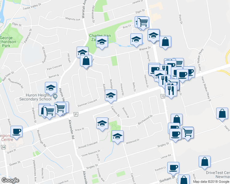 map of restaurants, bars, coffee shops, grocery stores, and more near 25 Rutledge Avenue in Newmarket