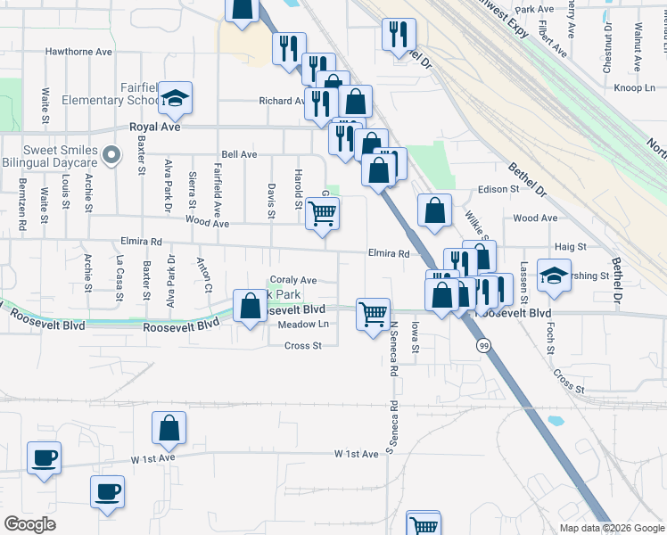 map of restaurants, bars, coffee shops, grocery stores, and more near 365 Maple Street in Eugene