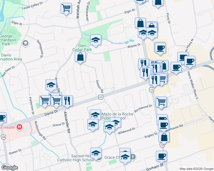map of restaurants, bars, coffee shops, grocery stores, and more near 25 Rutledge Avenue in Newmarket