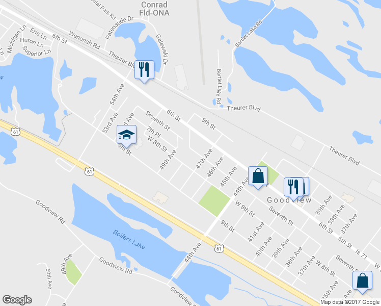map of restaurants, bars, coffee shops, grocery stores, and more near 4745 Seventh Street in Goodview