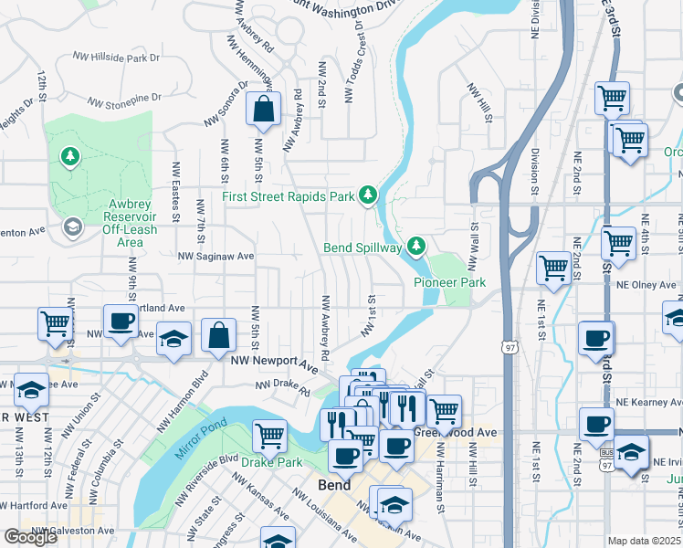 map of restaurants, bars, coffee shops, grocery stores, and more near 1719 Northwest 2nd Street in Bend