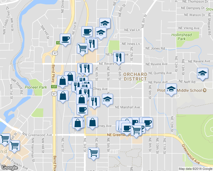 map of restaurants, bars, coffee shops, grocery stores, and more near 1521 Northeast 5th Street in Bend