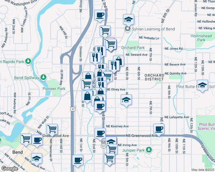 map of restaurants, bars, coffee shops, grocery stores, and more near 1500 Northeast 3rd Street in Bend