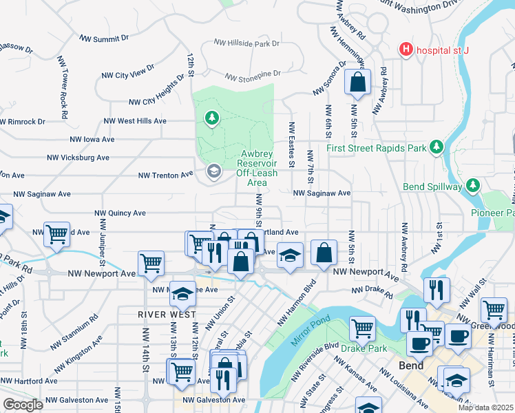 map of restaurants, bars, coffee shops, grocery stores, and more near 1700 Northwest 9th Street in Bend