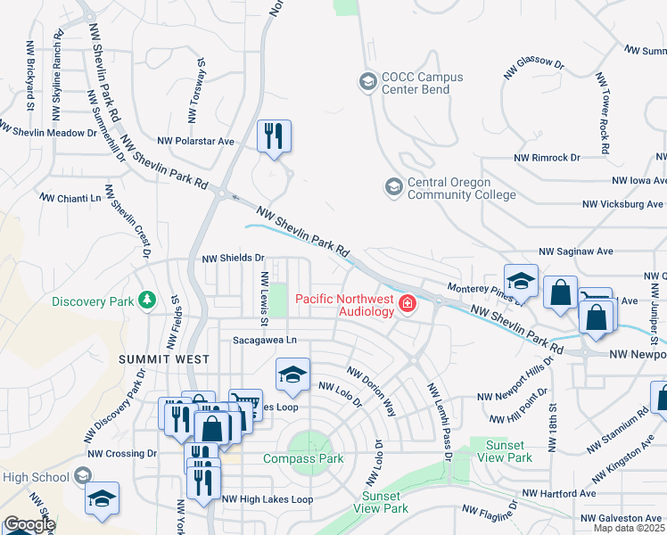 map of restaurants, bars, coffee shops, grocery stores, and more near 2321 Northwest Bens Court in Bend
