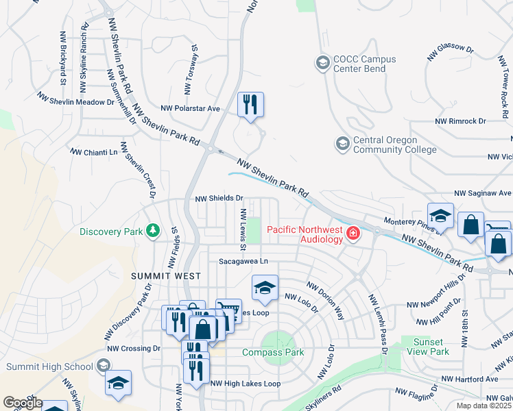 map of restaurants, bars, coffee shops, grocery stores, and more near 2579 Northwest Shields Drive in Bend