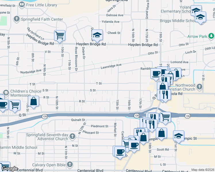 map of restaurants, bars, coffee shops, grocery stores, and more near 1419 T Street in Springfield