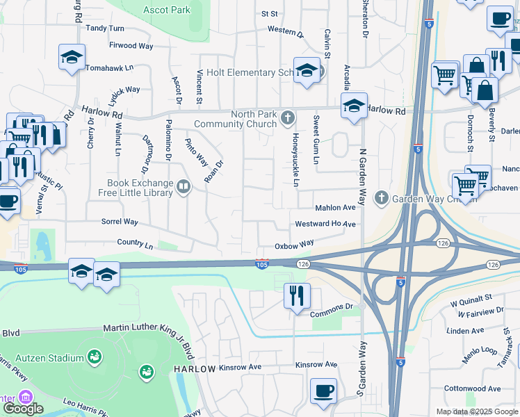 map of restaurants, bars, coffee shops, grocery stores, and more near 308 Van Duyn Street in Eugene