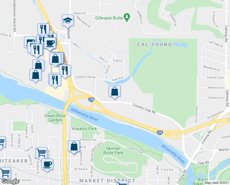 map of restaurants, bars, coffee shops, grocery stores, and more near 601 Country Club Road in Eugene