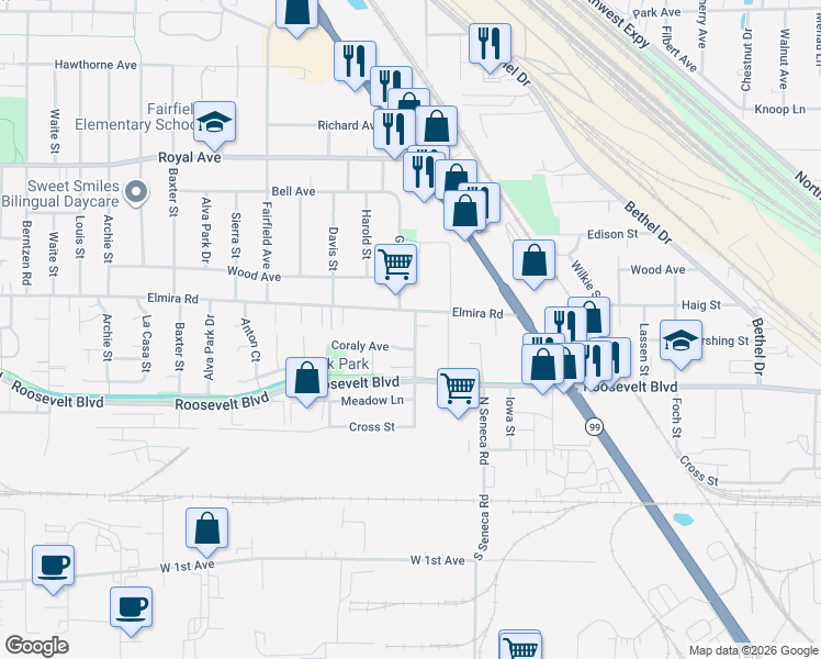 map of restaurants, bars, coffee shops, grocery stores, and more near 365 Maple Street in Eugene