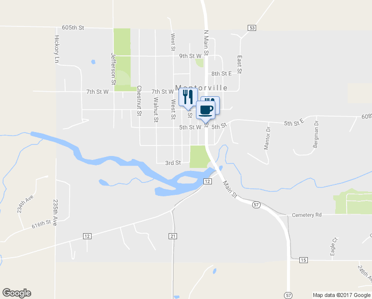 map of restaurants, bars, coffee shops, grocery stores, and more near 321 Clay Street in Mantorville