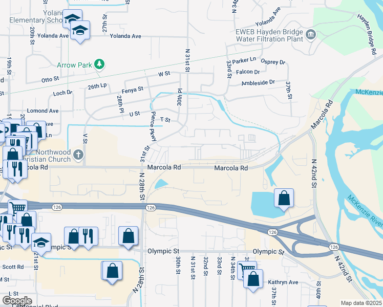 map of restaurants, bars, coffee shops, grocery stores, and more near 3100 Pierce Parkway in Springfield