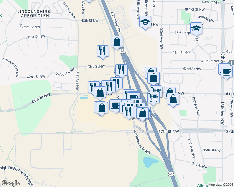 map of restaurants, bars, coffee shops, grocery stores, and more near 2800 41st Street Northwest in Rochester