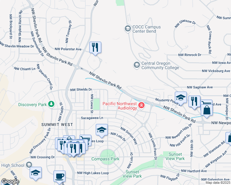 map of restaurants, bars, coffee shops, grocery stores, and more near 2321 Northwest Bens Court in Bend