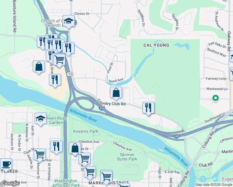 map of restaurants, bars, coffee shops, grocery stores, and more near 601 Country Club Road in Eugene