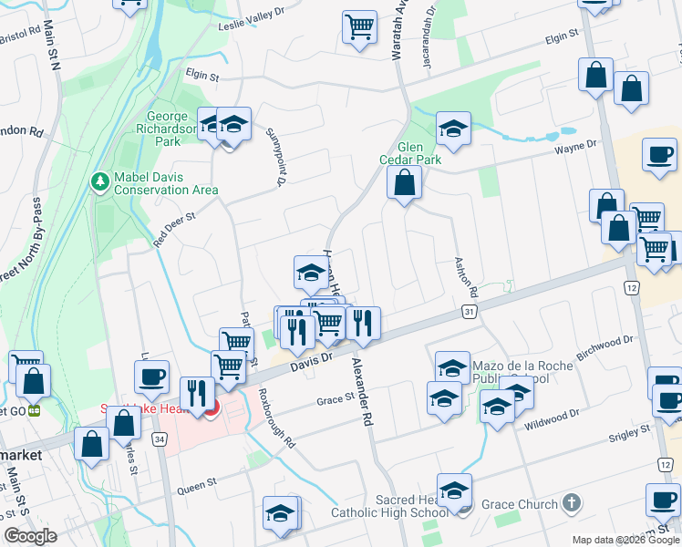 map of restaurants, bars, coffee shops, grocery stores, and more near 75 Huron Heights Drive in Newmarket