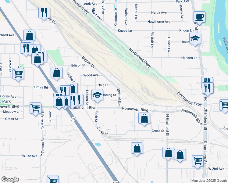map of restaurants, bars, coffee shops, grocery stores, and more near 330 Bethel Drive in Eugene