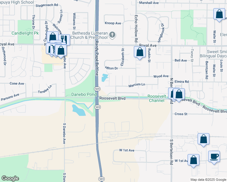 map of restaurants, bars, coffee shops, grocery stores, and more near 4429 Fergus Avenue in Eugene