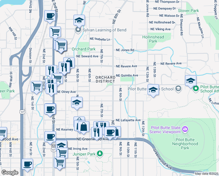 map of restaurants, bars, coffee shops, grocery stores, and more near 750 Northeast Olney Avenue in Bend