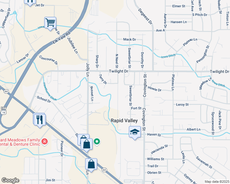 map of restaurants, bars, coffee shops, grocery stores, and more near 2151 South Neel Street in Rapid City