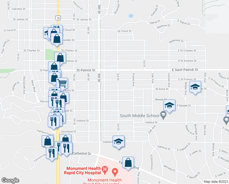 map of restaurants, bars, coffee shops, grocery stores, and more near 307 Saint Anne Street in Rapid City