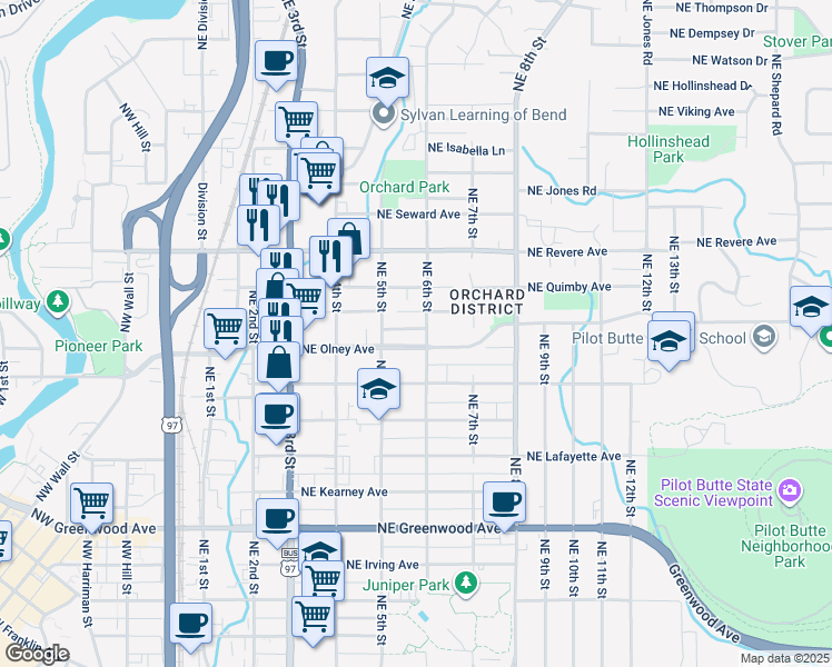 map of restaurants, bars, coffee shops, grocery stores, and more near 564 Northeast Olney Avenue in Bend