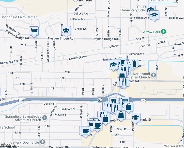 map of restaurants, bars, coffee shops, grocery stores, and more near 1577 T St in Springfield