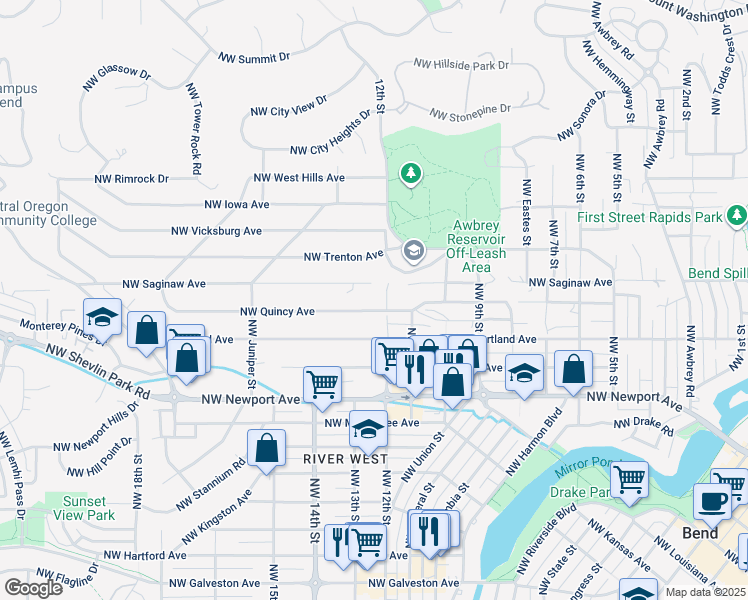 map of restaurants, bars, coffee shops, grocery stores, and more near 1230 Northwest Quincy Avenue in Bend