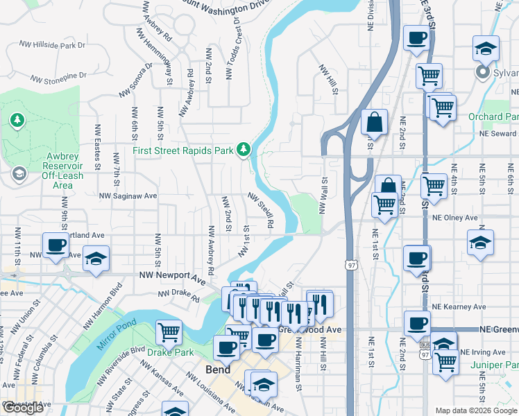 map of restaurants, bars, coffee shops, grocery stores, and more near 1745 Northwest Steidl Road in Bend