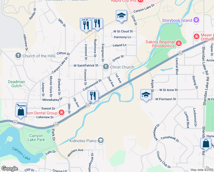 map of restaurants, bars, coffee shops, grocery stores, and more near 2022 3rd Avenue in Rapid City
