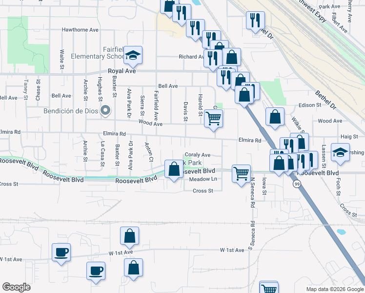map of restaurants, bars, coffee shops, grocery stores, and more near 3311 Coraly Avenue in Eugene