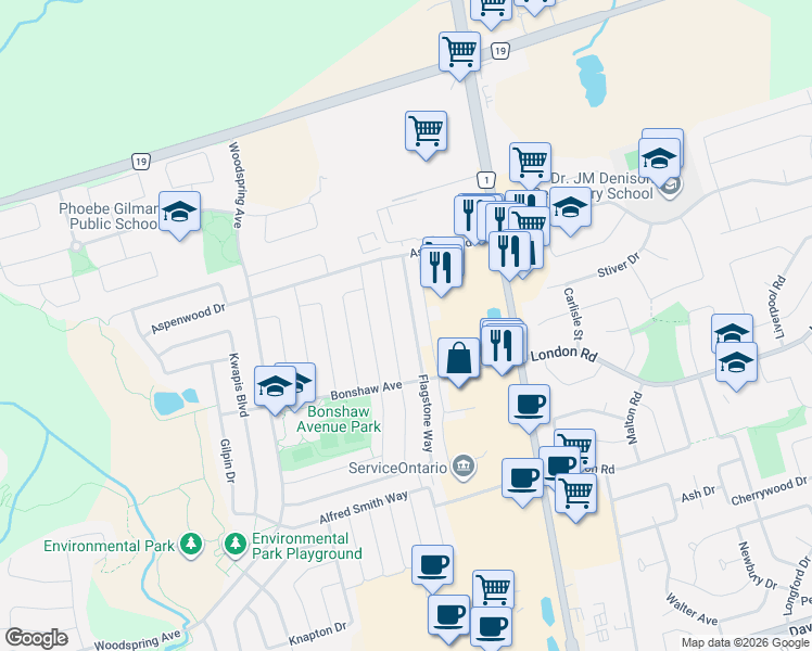 map of restaurants, bars, coffee shops, grocery stores, and more near 340 Flagstone Way in Newmarket