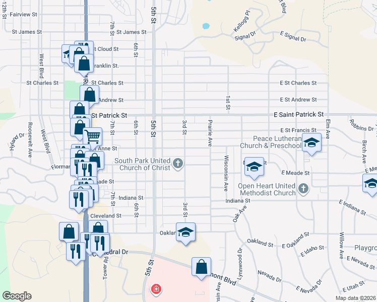 map of restaurants, bars, coffee shops, grocery stores, and more near 235 Saint Anne Street in Rapid City