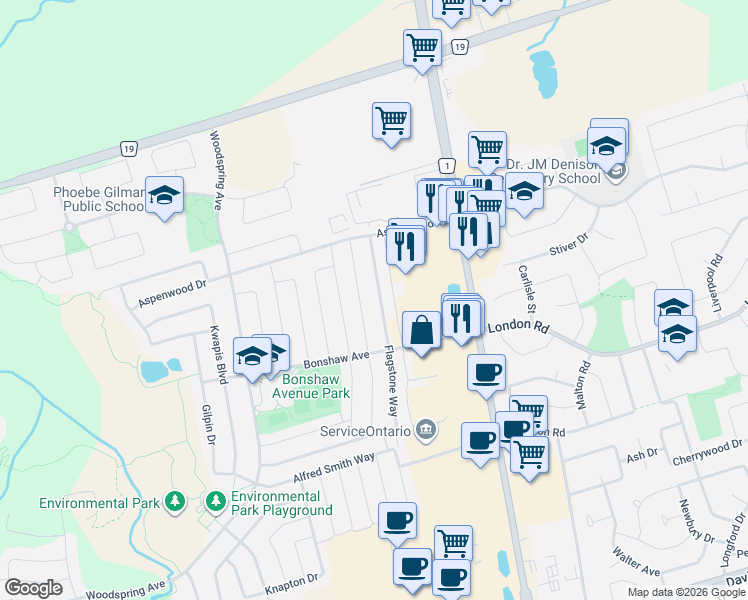 map of restaurants, bars, coffee shops, grocery stores, and more near 341 Flagstone Way in Newmarket