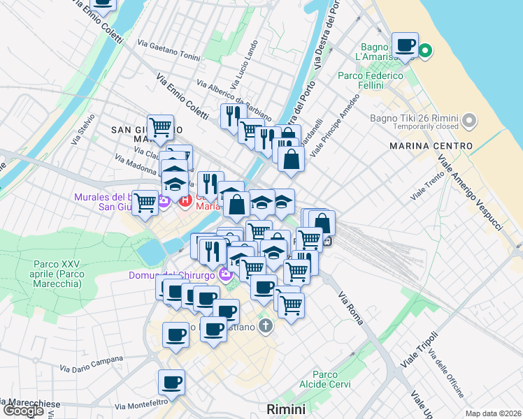 map of restaurants, bars, coffee shops, grocery stores, and more near 149-151 Corso Papa Giovanni XXIII in Rimini