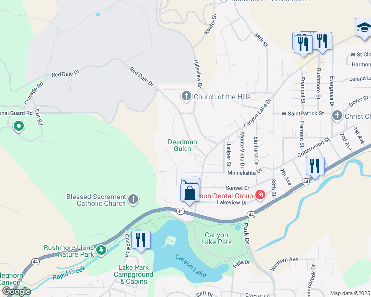 map of restaurants, bars, coffee shops, grocery stores, and more near 4224 Dale Drive in Rapid City