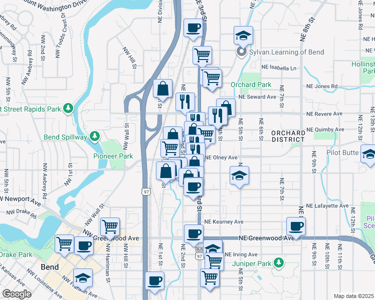 map of restaurants, bars, coffee shops, grocery stores, and more near 202 Northeast Olney Avenue in Bend