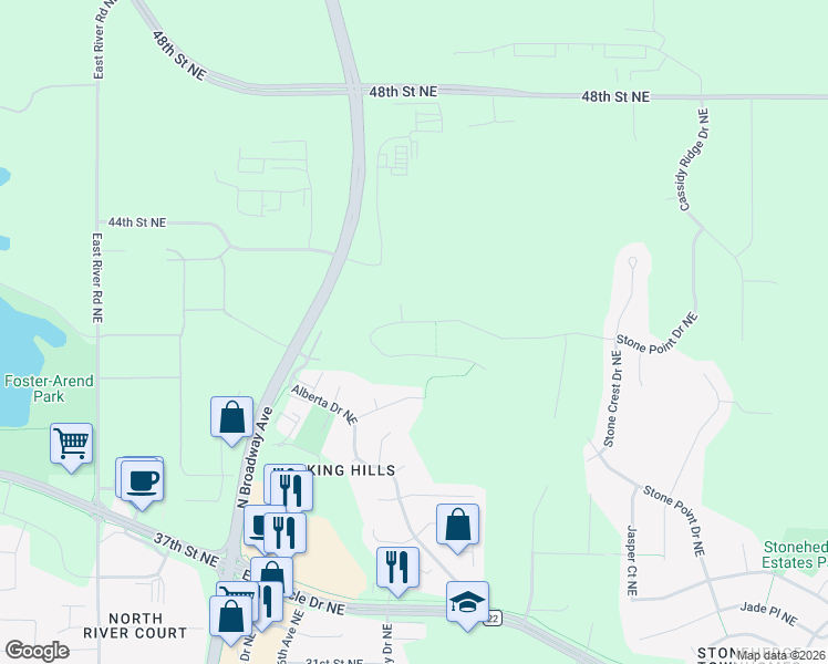 map of restaurants, bars, coffee shops, grocery stores, and more near 4020 Stone Point Dr NE in Rochester