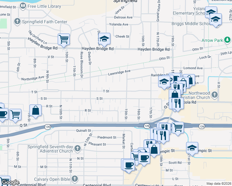 map of restaurants, bars, coffee shops, grocery stores, and more near 1419 T Street in Springfield