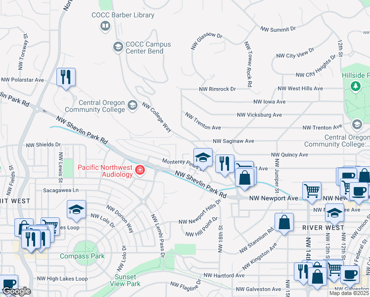 map of restaurants, bars, coffee shops, grocery stores, and more near 2000 NW College Way in Bend