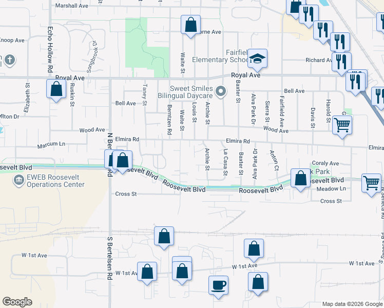map of restaurants, bars, coffee shops, grocery stores, and more near 376 Nursery Court in Eugene