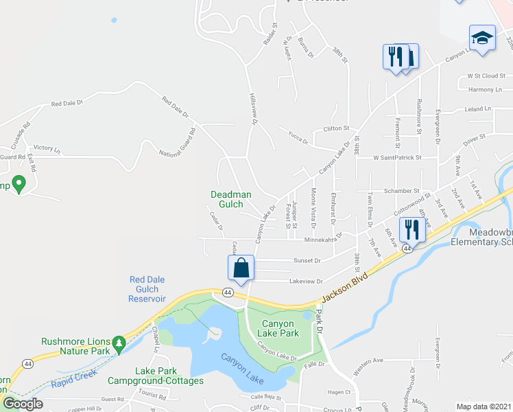 map of restaurants, bars, coffee shops, grocery stores, and more near 2026 Red Dale Drive in Rapid City