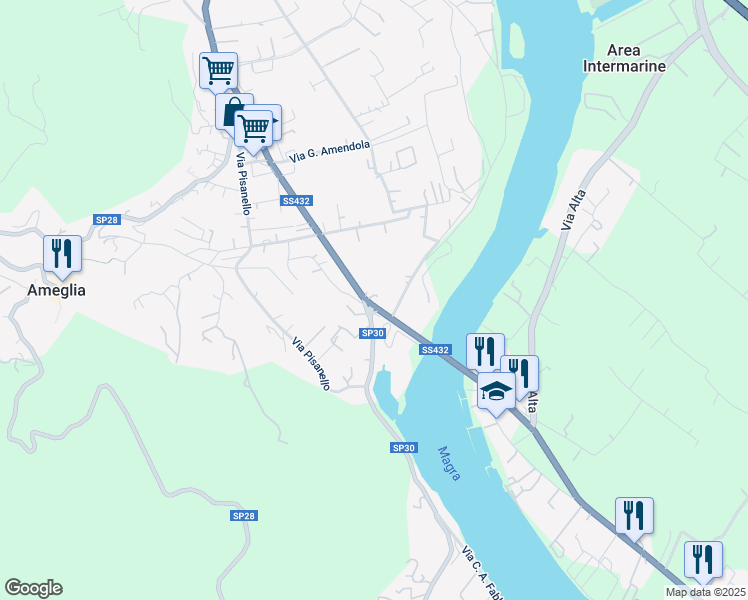 map of restaurants, bars, coffee shops, grocery stores, and more near 61 SS432 in Ameglia