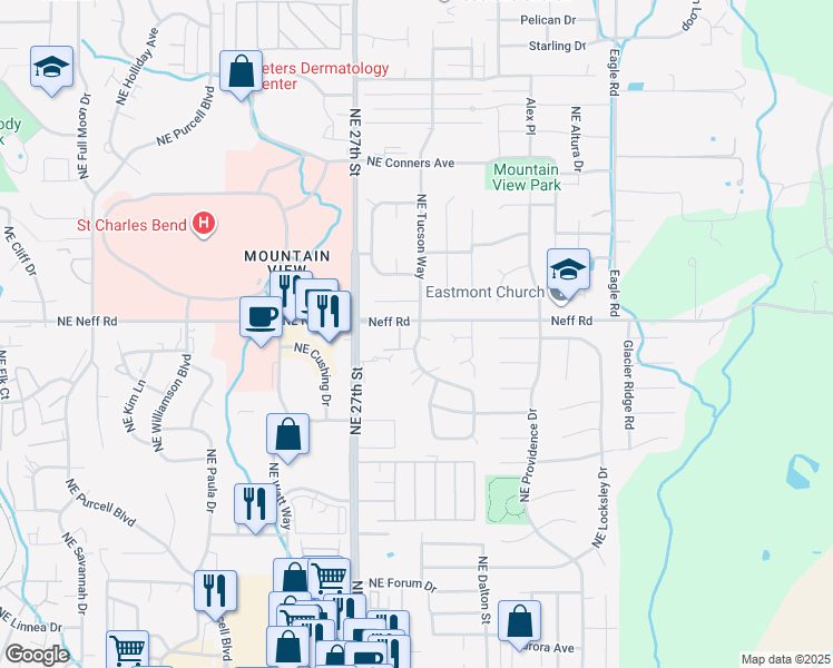 map of restaurants, bars, coffee shops, grocery stores, and more near 1575 Northeast Tucson Way in Bend